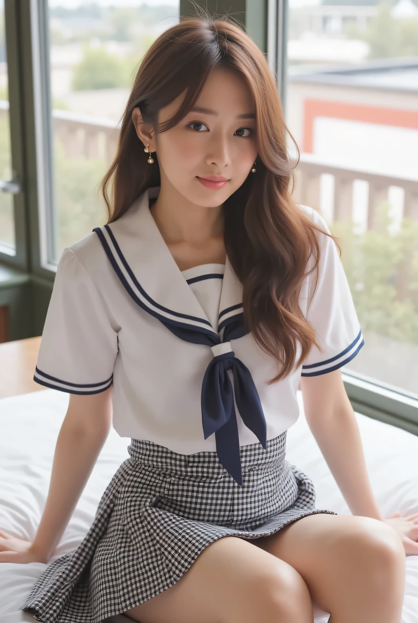 (Masterpiece, BestQuality:1.3),top quality,Real, (Photo realistic:1.3), (ultra detailed,8k:1.2), High Resolution,intricate composition,wallpaper,(Sharp photos, clear contrast:1.2)
BREAK
1 japanese girl, 18 years old, (extremely beautiful japanese actress),(neat young girl), (obedient,neat, intellectual, kindly:1.3), (shyly ,lovingly:1.2), (shyly, smile:1.2), (blush), realistic eye, natural make up, (attractive body shape:1.3),(full body:1.5)
BREAK
medium-length honey brown hair styled in a half-updo, tied at the back with a soft white ribbon, hair loosely gathered with natural volume, long airy bangs parted softly in the center, gentle waves throughout, silky and softly reflective texture natural movement
BREAK
(high school girl uniform, wearing sailor suit), (large breasts:1.3), (Checked Skirt, Plaid Pleated Mini Skirt:1.2), (large breasts:1.3), (cleavage:0.9), (staring lovingly at viewer)
BREAK
sitting in classroom, studying, (close-up breast:1.3), (various posing:1.1), (from below, low angle:1.4), (reflect:1.2)
