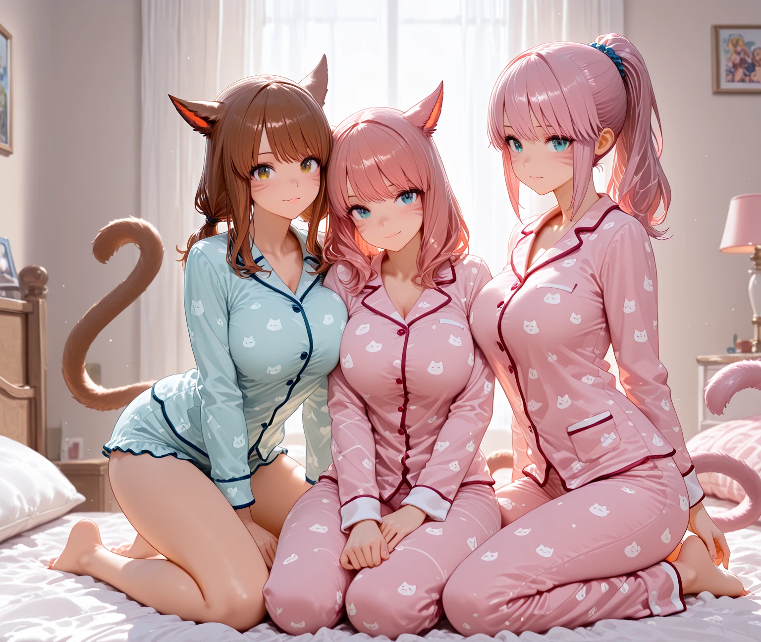 3girls, making out, groping, threesome, fingering, animal ears, tail, vulva, beautiful art style, golden rule, Americans, brightly coloured hair, long hair, complex styles, sleepwear, pjs, skimpy outfits, busty, smiling at camera, dizzy, slutty, made up, girl's bedroom