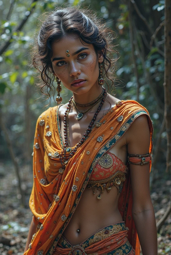 (((Full Body Portrait))), 30 years old Rajasthani Village Woman, Topless wearing traditional Rajasthani Clothes, In a Rajasthani Village, Gorgeous Face, Seductive, Thicc, Deep cleavages, detailed breasts, High detailed skin, (Detailed face and eyes:1.3), perfect human anatomy, Perfectly drawn legs and hands, detailed long bridled hair, very detailed background, ((film grain, color photo, skin details, high detailed skin texture, 8k hdr, dslr)), (photo by Frank De Mulder, Tim Walker, Storaro, Lubezski), black hair, solo, detailed eyes