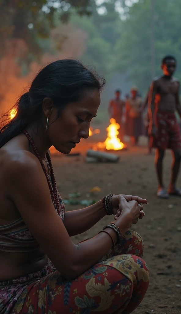 Magnificent detail, 8K Photos, hyper- realism, realistic background, visual depth, wide angle lens, all-body, 1 beautiful woman indigenous tupi guarani naked, covering the private parts with a snake. standing. barebody. Facial expression seduction, seducing smile. captivating stare. Indigenous facial painting. plume on head. Amazonian Brazil setting. brazilian forest. Spectacular beauty. Snake 4 meters. Woman holding the snake's head with her hand near her face. Woman looking at the snake's eye. Woman facing forward, looking at the photo. Snake coiled around the woman's body. Woman with a thin waist and a big butt. The woman is in the center of a circle formed by indigenous men, doing a ritual with fire and musical instruments