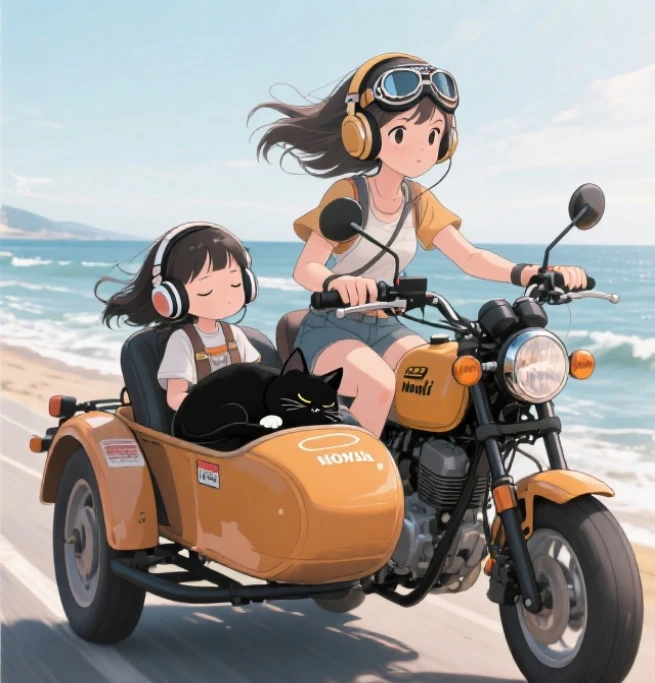 Banksy Style, Sisters eating cup noodles on motorcycle, With chopsticks, no hood, Older sister with beautiful long hair and sister with beautiful short hair