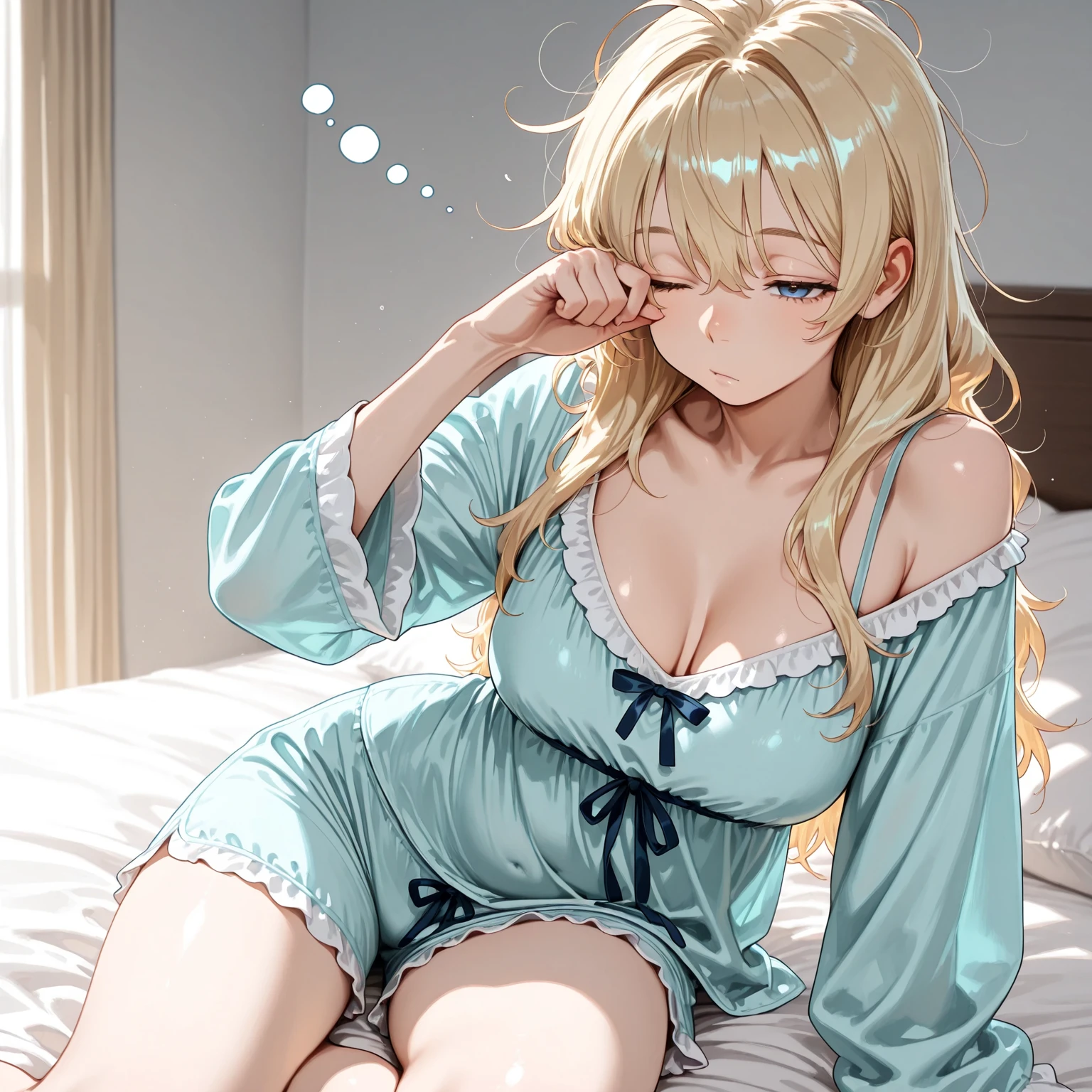 \(Style\): { (masterpiece:1.2, best quality) }, \(Composition\): { pov male masturbation, projectile cum,, 1girl, cute }, \(Hair\): { short_blonde_hair, wavy hair }, \(Appearance\): { mature female, slender, fit, large_breasts, heavy breasts, green_eyes, breasts out, breasts apart, }, \(Clothing\): { negligee }, \(Behavior\): { lying, on bed, sleeping, closed mouth, closed eyes }, \(Location\): {( bed sheet, pillow )}