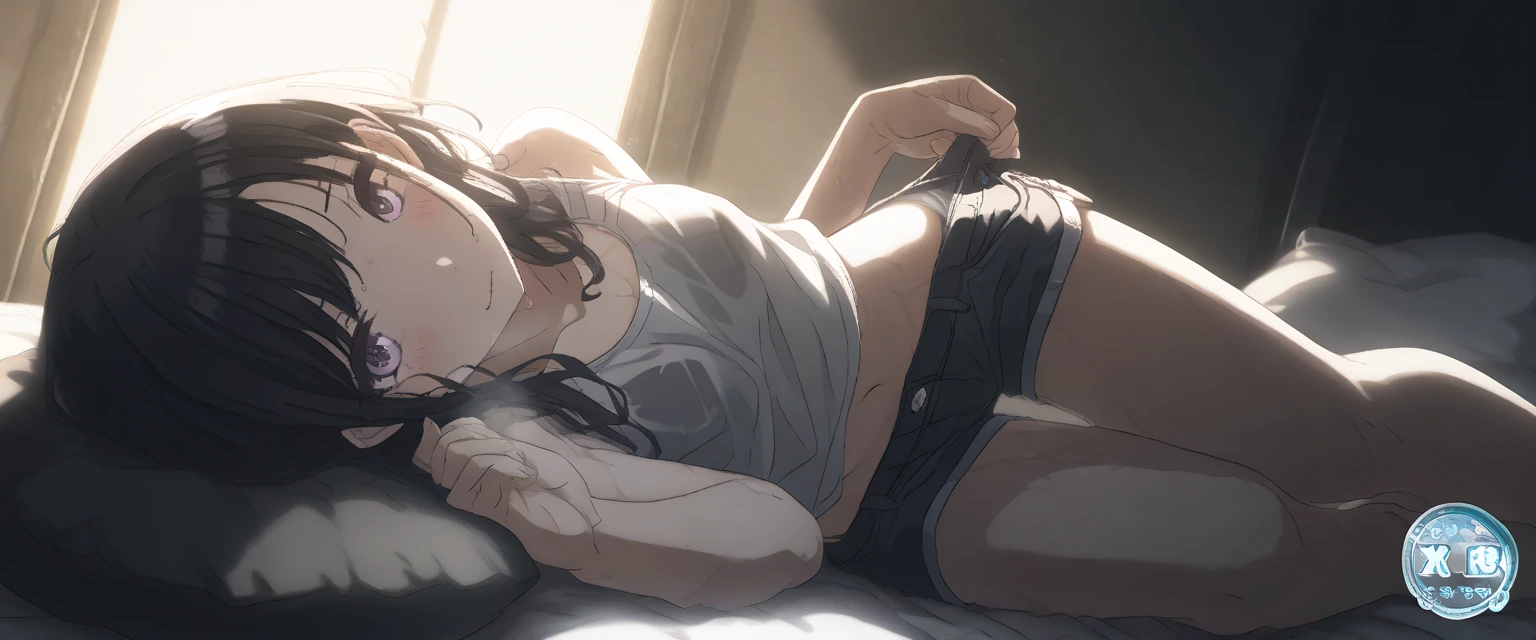 ((Best Quality)), ((masterpiece)), (detailed), 1 girl, blue black hair, by the wide, hair tied, green eyes, big breasts, big thighs, I expressed smiling, open mouth, blush, Large white t-shirt, black thong, at home, lying on a bed, face down, shiny butt