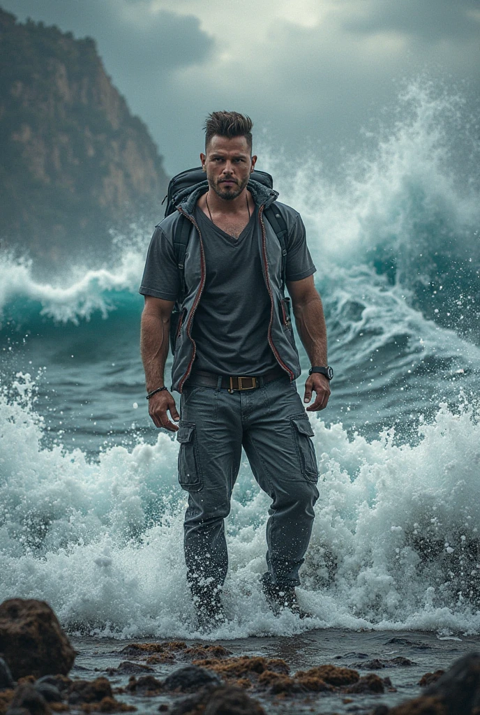 A man with coming out from the sea holding guns in the hand