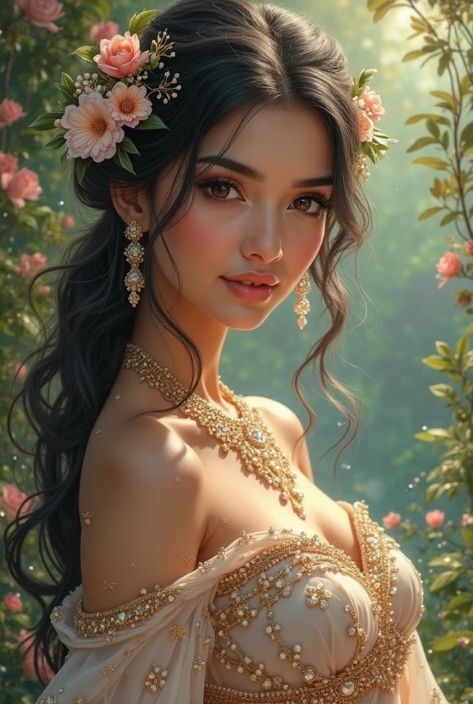 (masterpiece portrait photography:1.4) of a alluring ravishing curvy Nazriya Nazim, posing in a garden , wearing beautiful, wearing strappy vintage ornate mindress, ornate royal garden, (long flowing wavy backlit hair:1.2), fair radiant skin, vivacious, lustful glance, exhilarated (captivating kohl lined eyes:1.1) , (seductive smile:1.3) soft dramatic lighting, falling petals and flowers bokeh, key lighting, backlit, light rays, highly detailed, trending on artstation, paint splashes, rich colour, wind all around, abstract portrait, by Ron hicks