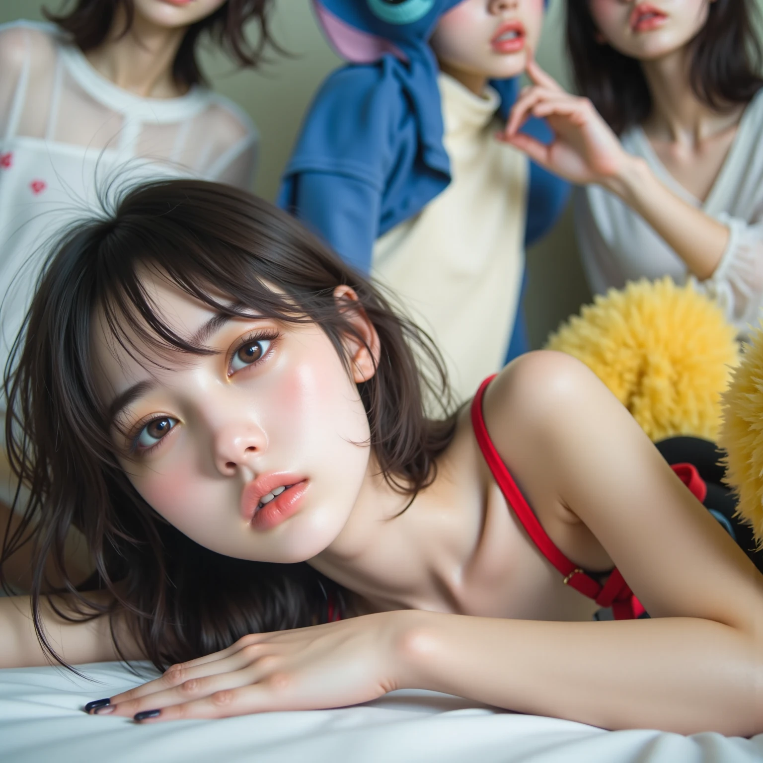 Full-body, wide-angle shot, bright light, beautiful, cute, naked young woman, lying with her back to the bed, white room, short hair, with many large, multi-colored dolls.