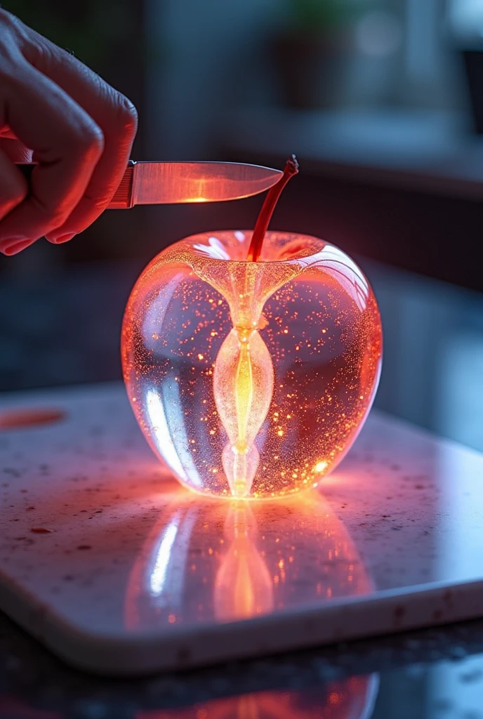 a beautiful (close up) photo of a perfect see-through (big glowing glass apple) illuminating the scene, silhouette of a (woman screaming) and wild and roots growing frantically inside, up close.
(iridescent glowing: 1.66), dreamy, ethereal, hyper realistic, amazing quality, amazing detail, photorealism, 100mm macro lens, dark background, surrounded by fog, surrounded by (red smoke), in a forest, (night), smoky, gorgeous, shallow depth of field, black/purple fade, atmospheric haze, volumetric fog,