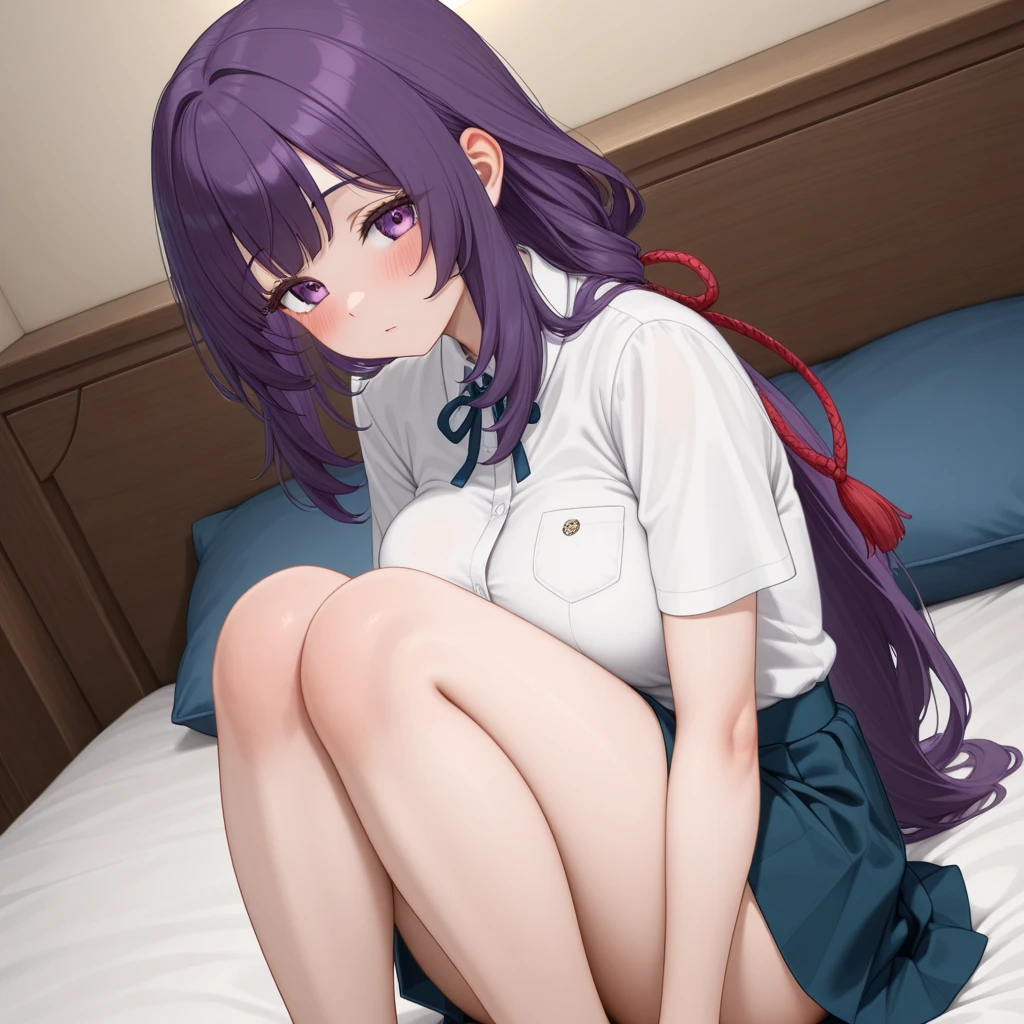 20 year old sexy woman, long purple hair and pink shirt, very big chest, short red skirt wiggling her ass a lot, kneeling on all fours , night time ( More sexy ) no violet sofa