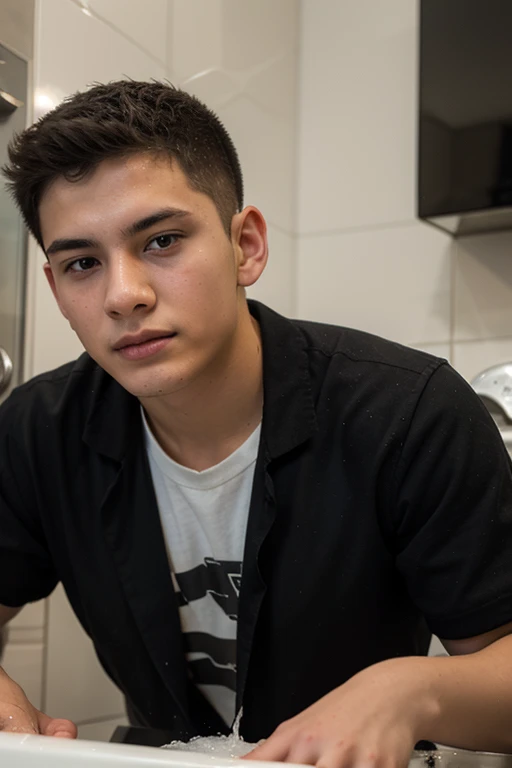 a 20 year old boy, happy face, sitting on the toilet, in a bathroom