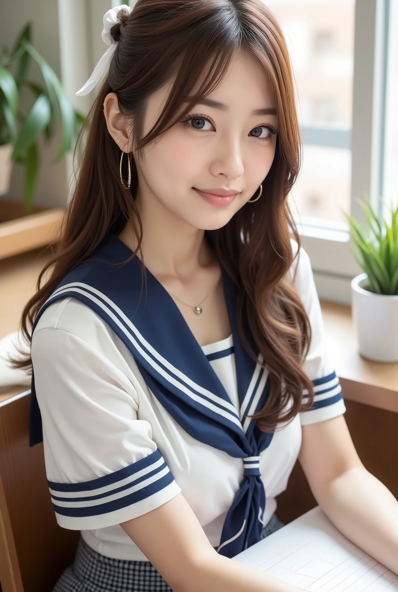 (Masterpiece, BestQuality:1.3),top quality,Real, (Photo realistic:1.3), (ultra detailed,8k:1.2), High Resolution,intricate composition,wallpaper,(Sharp photos, clear contrast:1.2) BREAK 1 japanese girl, 18 years old, (extremely beautiful japanese actress),(neat young girl), (obedient,neat, intellectual, kindly:1.3), (shyly ,lovingly:1.2), (shyly, smile:1.2), (blush), realistic eye, natural make up, (attractive body shape:1.3),(full body:1.5) BREAK medium-length honey brown hair styled in a half-updo, tied at the back with a soft white ribbon, hair loosely gathered with natural volume, long airy bangs parted softly in the center, gentle waves throughout, silky and softly reflective texture natural movement BREAK (high school girl uniform, wearing sailor suit), (large breasts:1.3), (Checked Skirt, Plaid Pleated Mini Skirt:1.2), (large breasts:1.3), (cleavage:0.9), (staring lovingly at viewer) BREAK sitting in classroom, studying, (close-up breast:1.3), (various posing:1.1), (from below, low angle:1.4), (reflect:1.2)