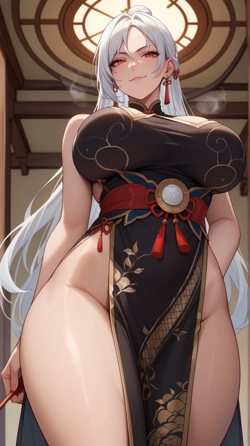 large breasts, thicc tighs, silver ninetails fox, sexy miko outfit, japanese temple on Mountain, ultra detailed, realistic pupils,