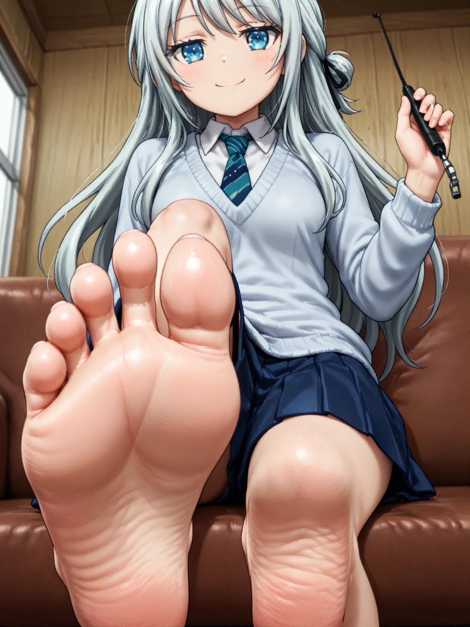 Chica anime japonesa con grandes abucheos sentada en una silla con los pies en alto., a Hyper realistic , colegiala japonesa realista, Hyper realistic , arte giganta, su pie sobresaliendo, cara muy seria, !!muy detallado!!, suelas altas, [ arte digital 4k ]!!, detailed legs looming over you, ecchi, with sock in left hand,con el pie sudado y mojado por el sudo