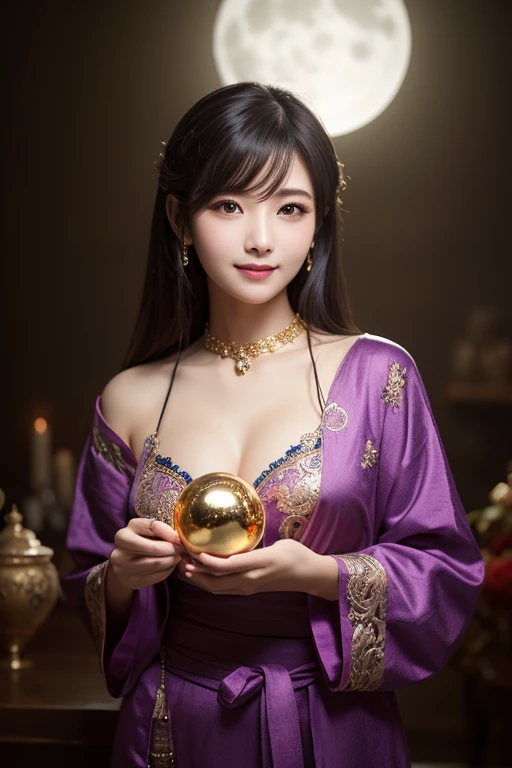 A mystical woman with long, straight dark hair, adorned with a jeweled headpiece and intricate earrings. She has a serene expression and is holding a glowing crystal ball in both hands. The background is cosmic, with sparkling stars and a circular ornament featuring colorful gems. The scene is magical and otherworldly, with a blend of soft, radiant lighting that enhances the ethereal atmosphere.
