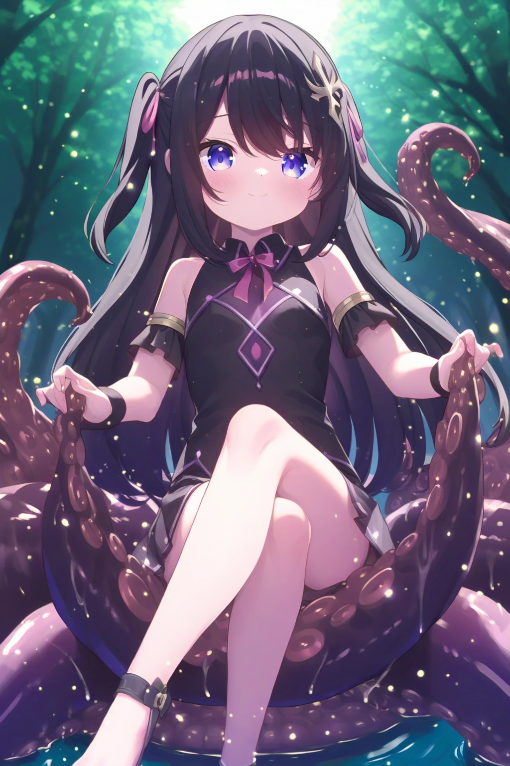 brown hair girl, surrounded by violet tentacles, abused by tentacles