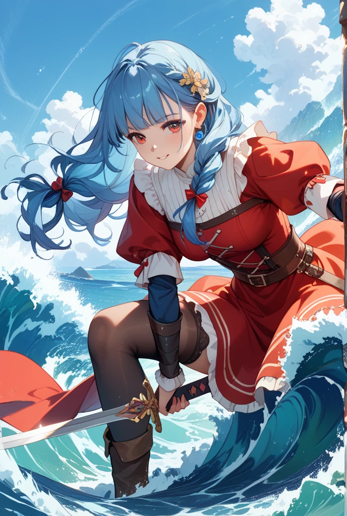 female water dwarf in the side river with medieval adventurer outfit hood