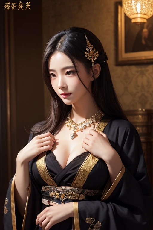 (Best Quality:1.2), (high resolution:1.2), (beautiful face and eye:1.2), (sharpest focus:1.2), (Ultra-realistic Photo:1.2), (Ultra-precise Photo:1.2), (Depth of field:1.2), (8k high resolution:1.2), (perfect anatomy:1.2), (nice eyes:1.5), (perfect eyes:1.5), (nice lips:1.5),  (perfect lips:1.5),(nice body:1.5),(perfect body:1.5),(small breasts), (Very young and masculine and dignified and beautiful Chinese female:1.5), (Beautiful noble woman:1.0), (wearing black garment with fancy embroidery:1.0), (A gentle smile:1.3), (A secluded place deep in the mountains of China:1.0), (A mysterious fairyland:1.2), (dragons sitting behind:1.3), (Looking up angle:1.0), 