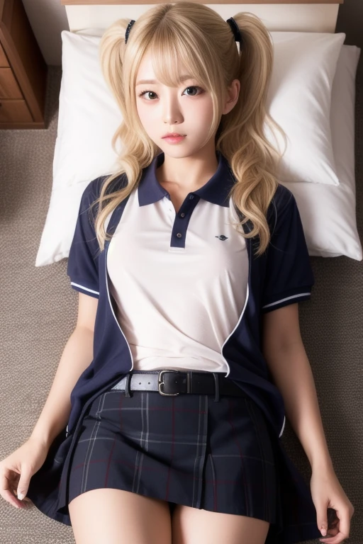real、( face, virgin face,  masterpiece, 1 Girl, Very detailed, Fine skin, White skin, Lighten up the subject, Movie Light, beautiful face, Beautiful Eyes, Lip gloss), (((Ash Blonde Hair)))、((Short Bob))、((school uniform))、open shirt、Emphasize the cleavage、Blunt bangs,blue eyes, (((large natural breasts))), ((full body))、Sitting a bed、M-shaped legs、panty shot、from the front