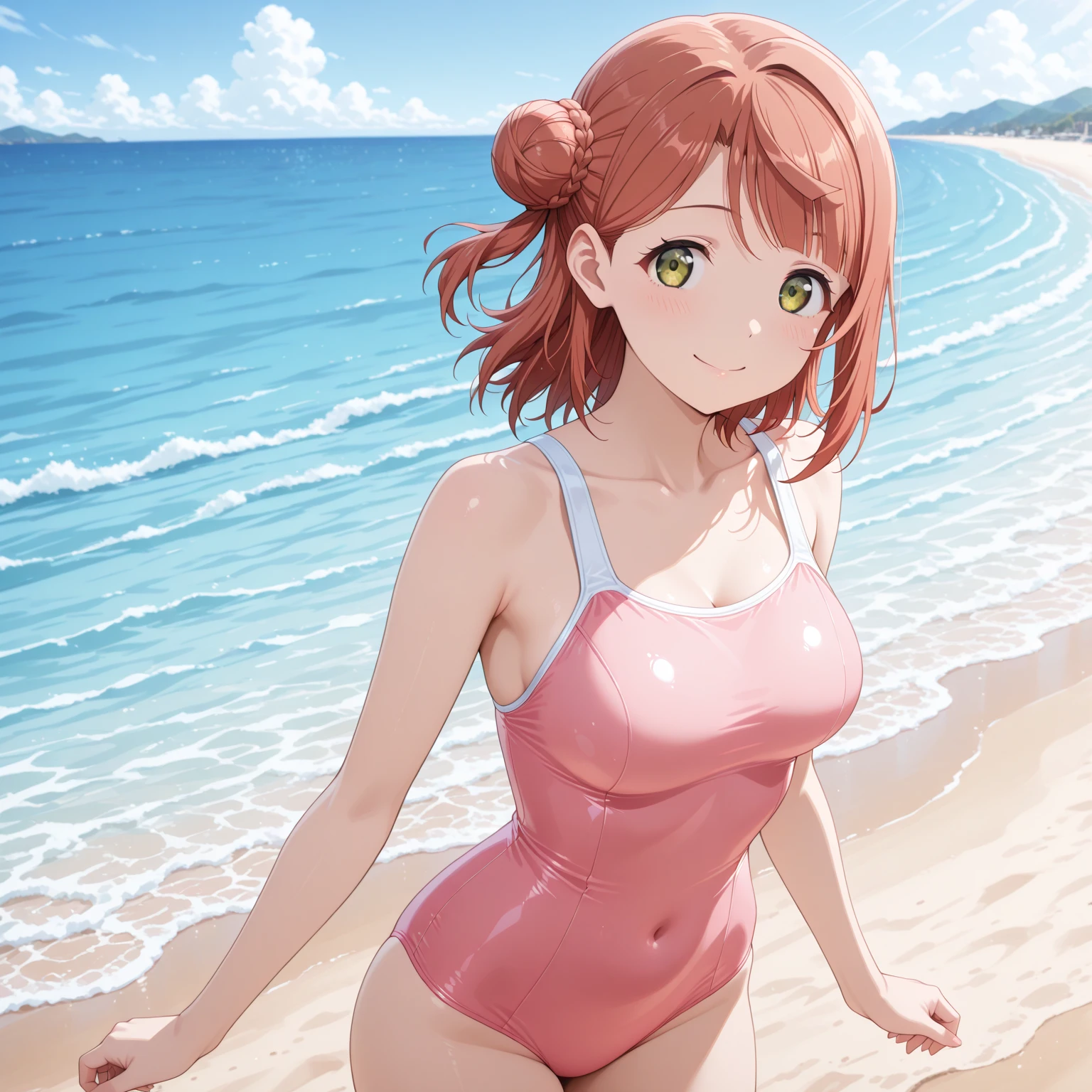 ((masterpiece, best quality, high quality, highres)):1.2,
outdoors, beach, smile, looking at viewer,
narumi, black bikini, <lora:Narumi-04:1>