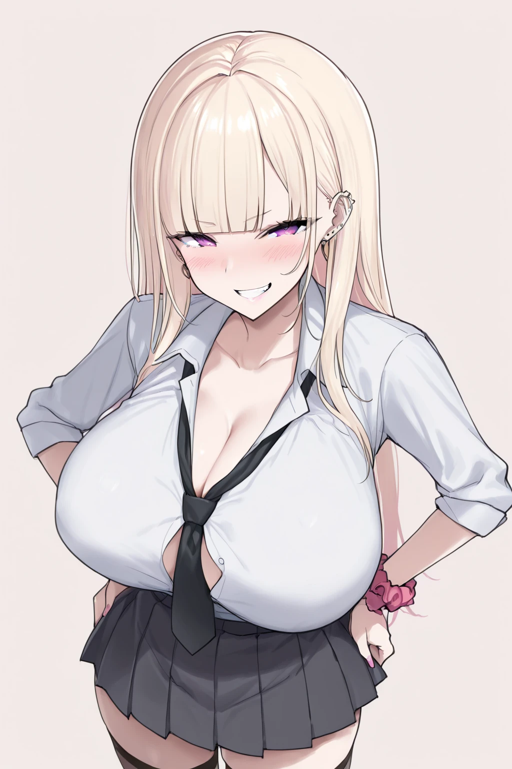 masterpiece, best quality,  full body,
1girl, bangs, black choker, black necktie, blonde hair, blue skirt, blush, bracelet, breasts, choker, clothes around waist, collarbone, collared shirt, cowboy shot, dress shirt, ear piercing, eyebrows visible through hair, gradient hair, grin, gyaru, jewelry, kogal, long hair, looking at viewer, loose necktie, necktie, piercing, plaid, plaid skirt, pleated skirt, red eyes, ring, school uniform, shirt, skirt, smile, 独奏, white shirt,
street, sky, cherry blossoms, petals,illustration, (magazine:1.3), (cover-style:1.3), fashionable, woman, vibrant, outfit, posing, front, colorful, dynamic, background,  elements, confident, expression, holding, statement, accessory, majestic, coiled, around, Touch, scene, Text, cover, bold, attention-grabbing, title, stylish, Font, catchy, headline, larger, striking, modern, trendy, focus, fashion,Large Breasts，cleavage，Sexy