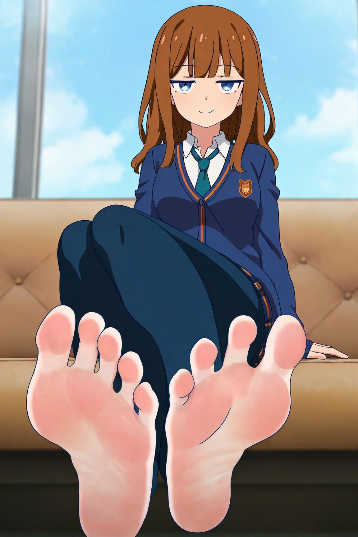 score_9, best quality, masterpiece, uncensored, source_anime
BREAK
1boy, 1girl, medium breasts, :d, bare legs, barefoot, black shirt, blue eyes, brown hair, fang, feet, fingerless gloves, footjob, gloves, green nails, green panties, grey background, hetero, long hair, nail polish, neckerchief, necktie, no panties, pussy, one side up, open mouth, panties, panties on penis, penis, petite, plaid, plaid skirt, red skirt, shirt, simple background, skin fang, skirt, smile, toenail polish, toenails, toes, underwear, yellow necktie, leaking precum
<lora:yeun_pony_v1-000006:0.8>