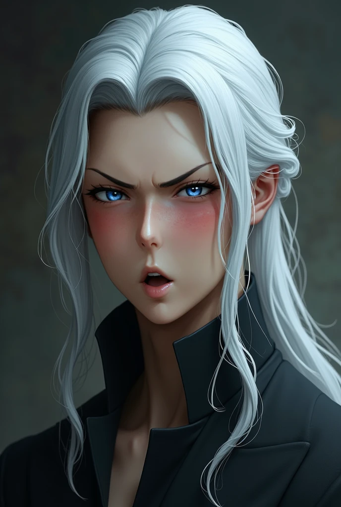 Long white hair parted in the middle with beautiful skin, she has almond shaped colored eyes. 
Character with ultra detail and a scar on the neck