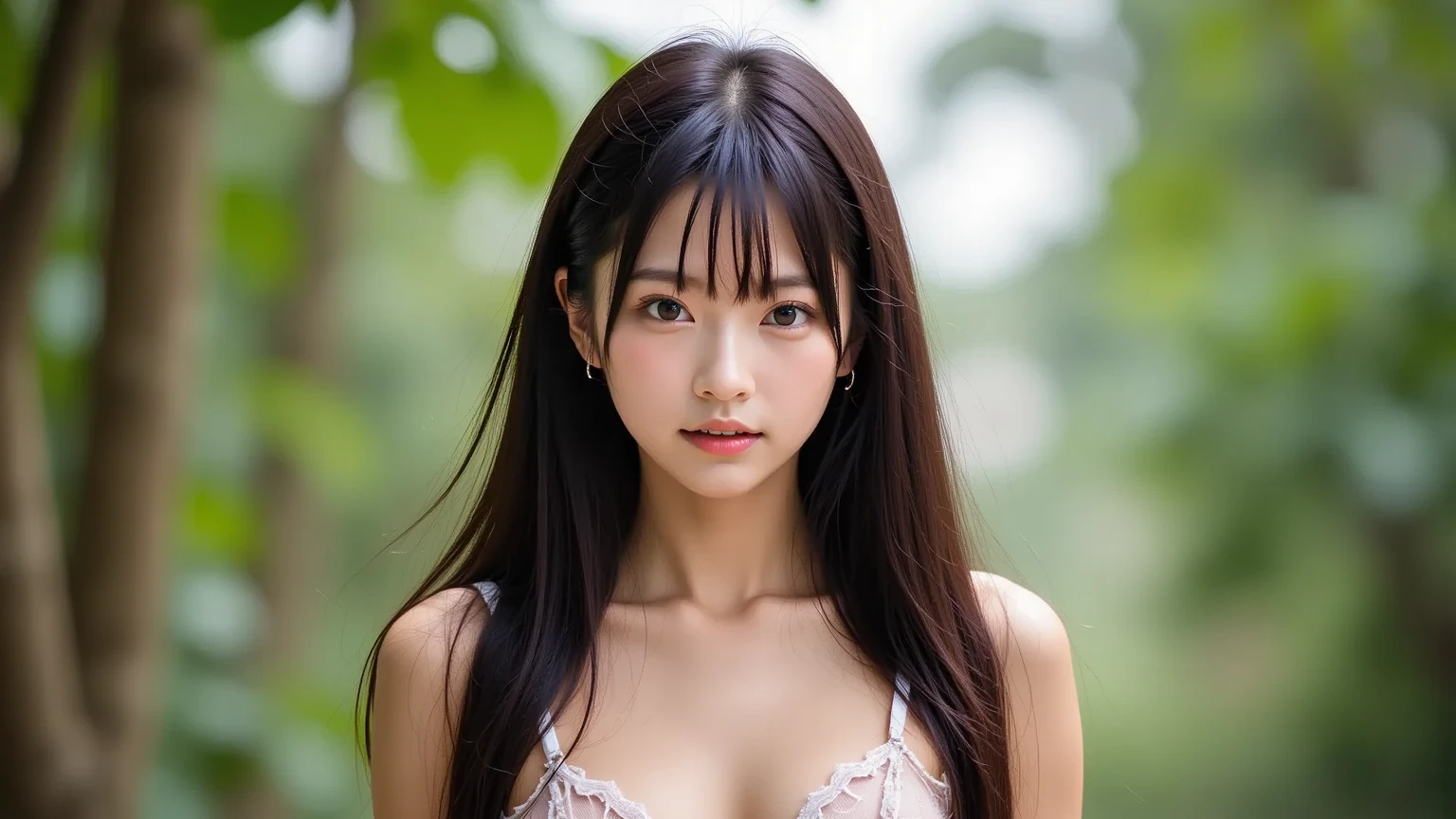 (ultra realistic) , (illustration), (increase resolution), (8K), (extremely detailed), (best illustration), (beautiful detailed eyes), (best quality), (ultra-detailed), (masterpiece), (wallpaper), (detailed face), 1 girl, black straight hair, slender body, delicate details, in the dark, deep shadow, low key, pureerosfaceace_v1, happy smile, summer dress, waterfall, rainforest