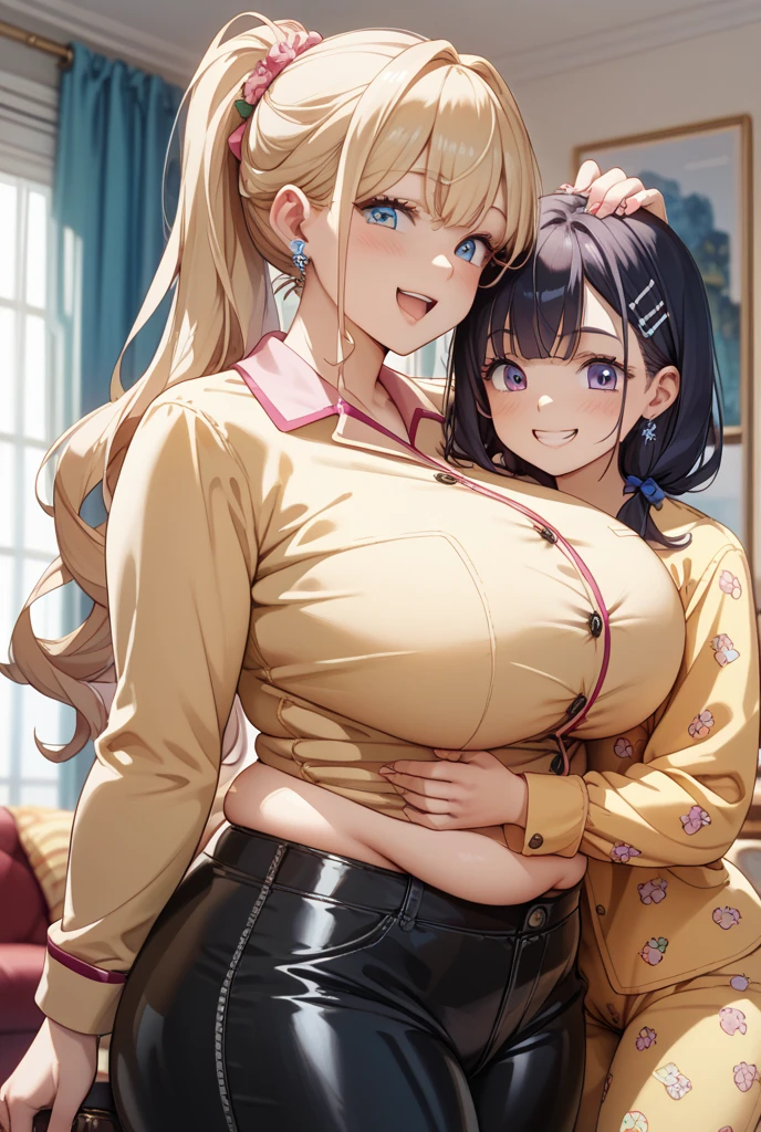 (ultra realistic,32k, masterpiece:1.1),(high detailed skin:1.1), 8k uhd, dslr, high quality, (thick\lips\),
aakaede,two-tone hair,side ponytail,sidelocks,hair scrunchie,gyaru,earrings,necklace,breasts,,red bowtie,collared shirt, yellow shirt,long sleeves,bracelet,blue skirt,, , (huge breast:1.2),
(looking at viewer, standing:1.1),,
,(dark iridescence:1.1), blank background