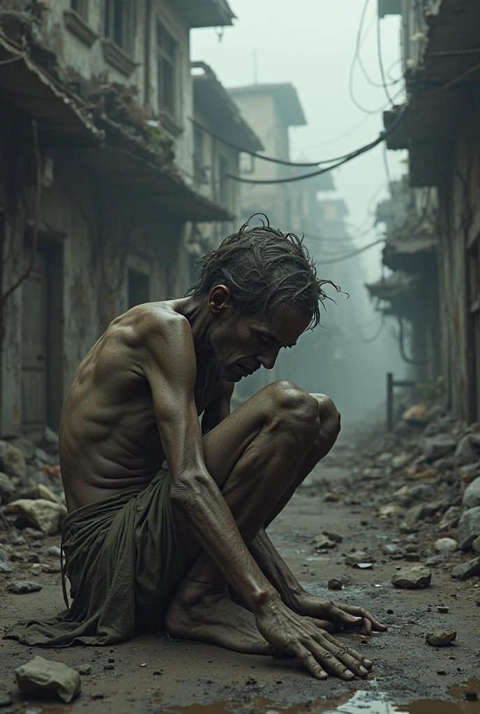Gloomy beggar sitting on the sidewalk.