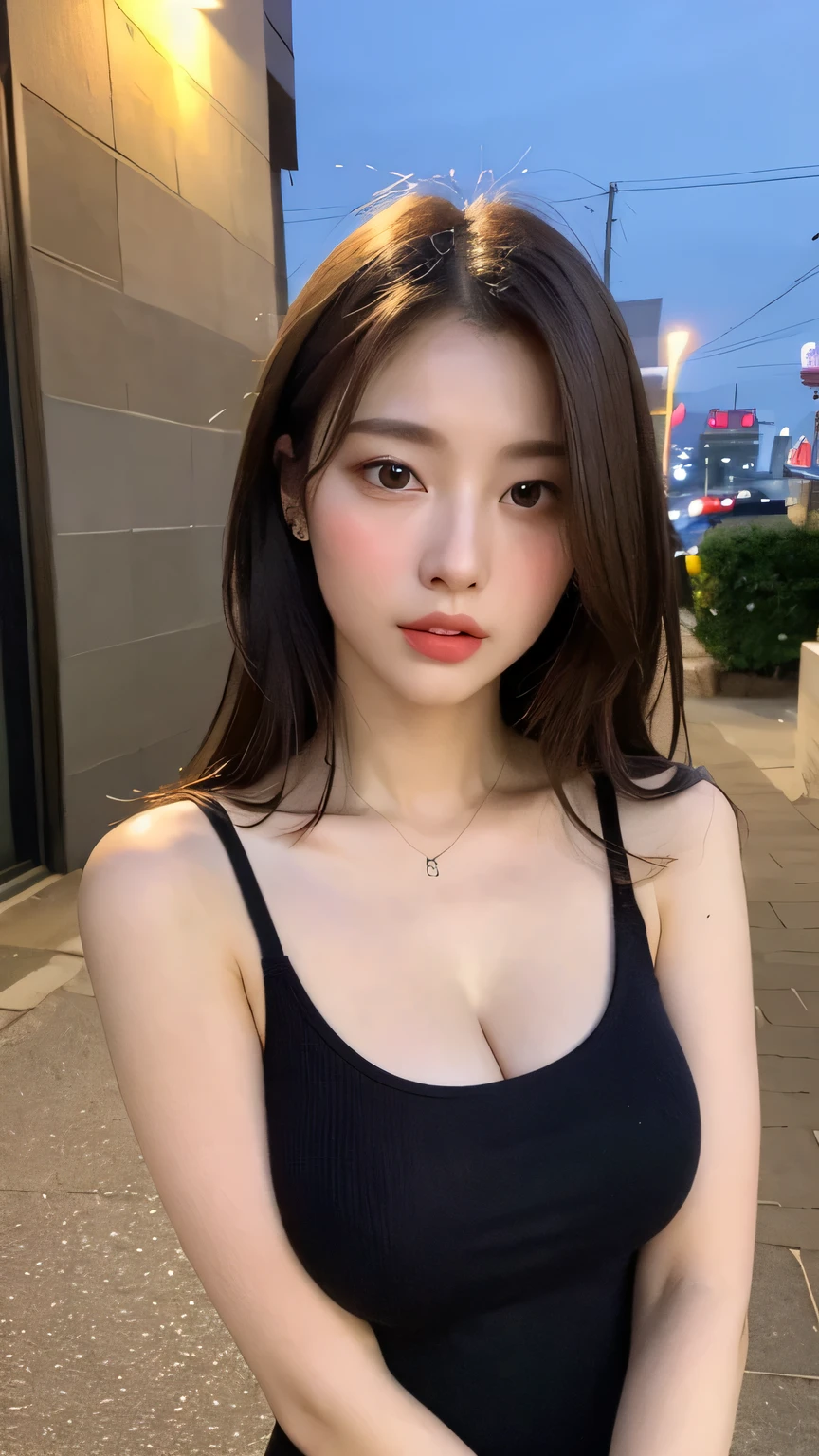 ((Realistic lighting, top quality, 8K, Masterpiece: 1.3)), Focus: 1.2, 1 girl, Perfect figure: 1.4, Very delicate body: 2.4, Slim abs: 1.3, (((Dark Brown hair)), (Tube Top Bikini: 1.4), (Outdoor, Night: 1.1), City Street, Ultra fine face, Narrow eyes, Double eyelids,