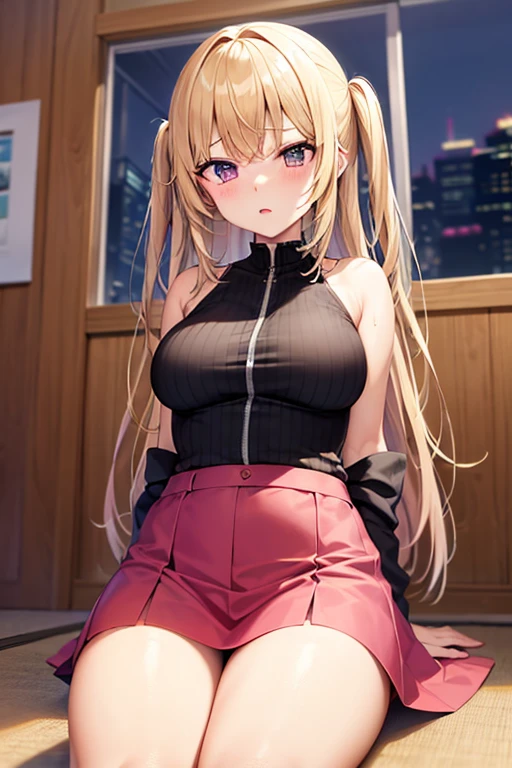 hight resolution, absurdres, best_Quality, Ultra_Detailled, 8K, extremely_clear, photo, beautiful, Beautiful face, Scharp Focus, HDR, 1girl, Clean eyes, very wide-eyed,cyberpunk megaocity background , hanabi, Beautiful face, very red areola, standing , very seductive pose, very young, no bra, bare chest, No Top, NSFW, Blond long hair with red ends, pierced ears, marin kitagawa