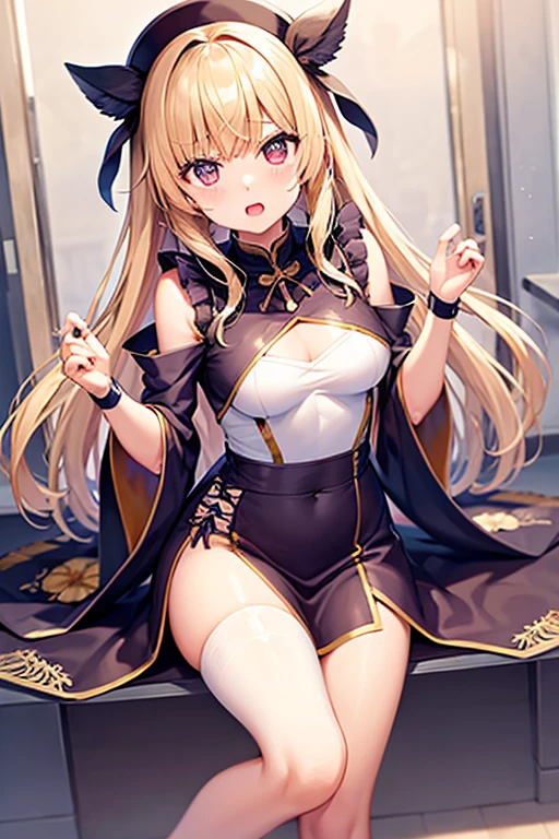 Jeanne、神風怪盗Jeanne、Blonde、Long Hair、((Mini Kimono))、Photo from below、Medium chest、Bedroom、((pantyhose))、ponytail