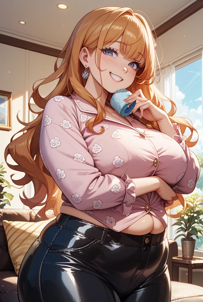 Cute sexy awkward woman with thick long messy curly orange hair with glasses with tattoo blushing with bright earrings with thick thighs and big chest in casual outfit in a bar at night with dropped jaw with butt out winking acting shy and embarrassed blushing