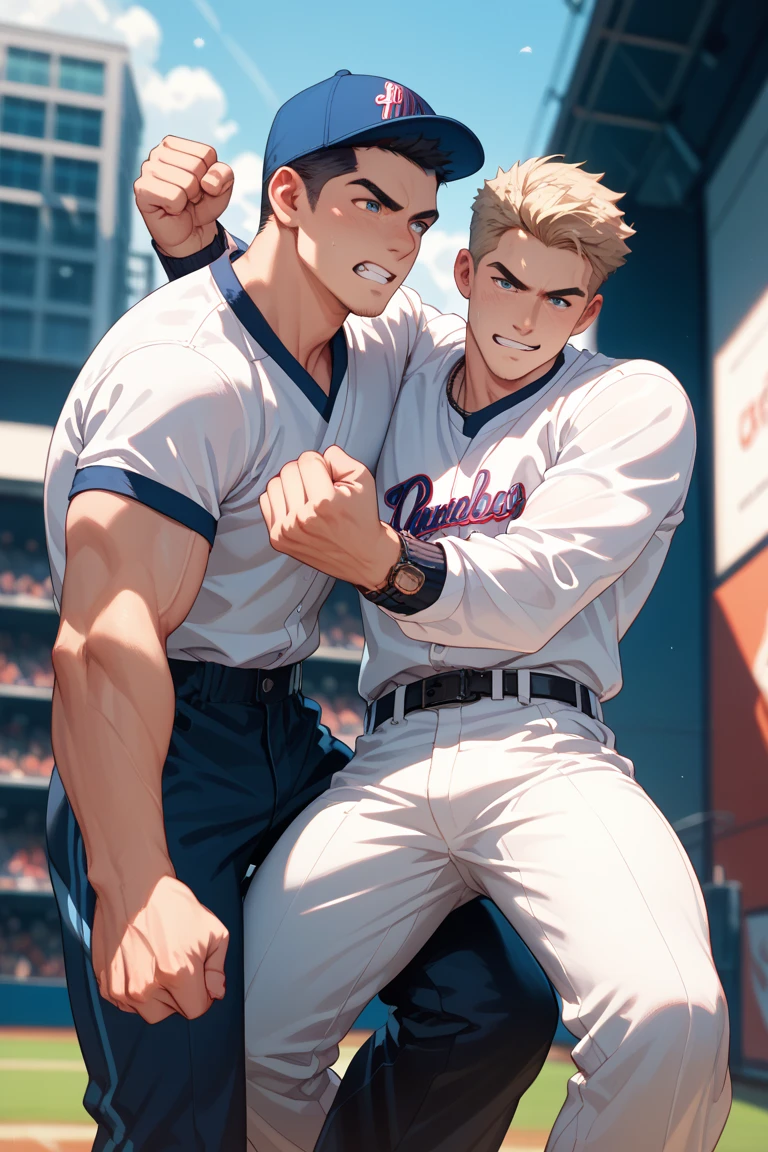 Danny Phantom, ghost, hypnosis, jock, conversion, locker room hallway, hyper muscles, jockstrap, bro, meathead, hypnotized, brainwashed, brainwashing, big dumb jock, football. Glowing eyes. Hyper crotch bulge. Massive bulging crotch. Big balls. Big biceps. Big triceps. Big traps. Broad shoulders. Big meaty pecs. Big thighs. Thick glutes. Hyper muscles. Football team assimilation. Clothes turning into a football uniform. Danny Fenton turning into Dash Baxter. Black hair turning blonde. Twinning. Both are sneering. Cocky smirk. Dash whispering in Danny Fenton's ear. Danny Fenton obeying Dash Baxter as Dash Baxter says, "Don't worry, Fenton. You'll like being me. Now shove that nerd into the locker like a good jock. You know you want to...."