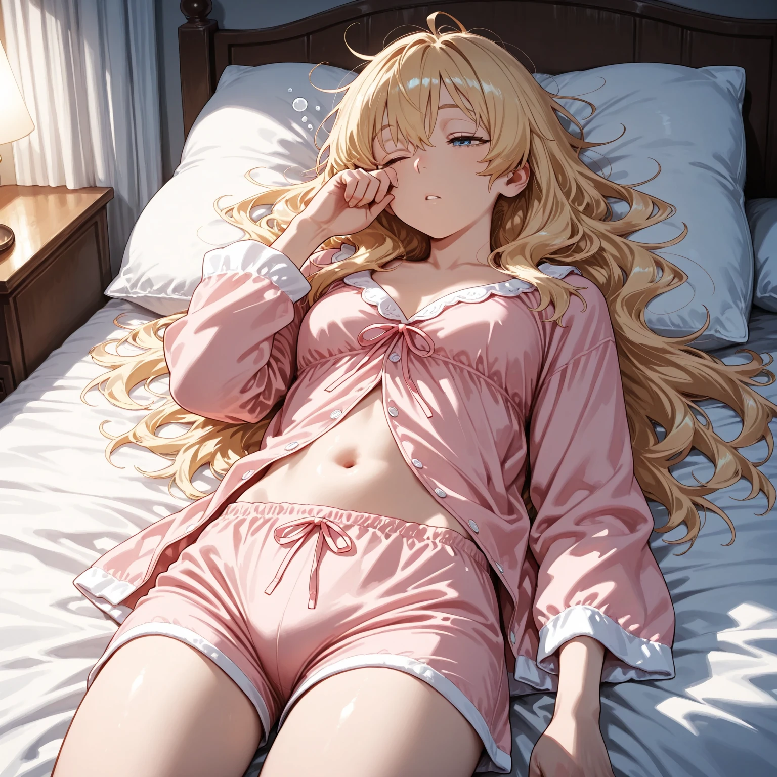 Sleeping Woman, 22 years old, Realistic, She is wearing pink pajamas, Sleeping in a bad position, Loose curly hair, Brown Hair.