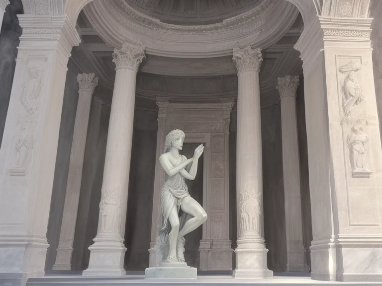 Create an ancient Greek-style sculpture representing a modern DJ. The figure should be in a dynamic pose, with one hand adjusting the headphones and the other on the soundboard. The sculpture must have the following characteristics:Headphones: Large and modern, detailed as if carved from marble.Sound Desk: Mix of modern technology with classical Greek elements, including buttons and sliders.Golden Chain: A robust and very detailed hanging from the neck.Transparent Glasses Glasses with a translucent appearance, sculpted to look like glass.Rasta Hair: Dreadlocks falling forward, partially covering the face, but without hiding important details.Sculpture Style: Ideal proportions and well-defined muscles, following the classical Greek style.Traditional Greek clothing adapted to the modern look of a DJ.Base and Context:The base of the sculpture must combine classical elements, such as Greek columns and friezes, with symbols of modern music. Relief stories on the base that tell the story of the mixing of cultures and eras.Ambience and Additional Details: The sculpture must convey a sense of movement and energy.Combine ancient and modern elements in a harmonious way.Color Palette: White marble for the sculpture , with gold details for the chain and translucent elements for the glasses.