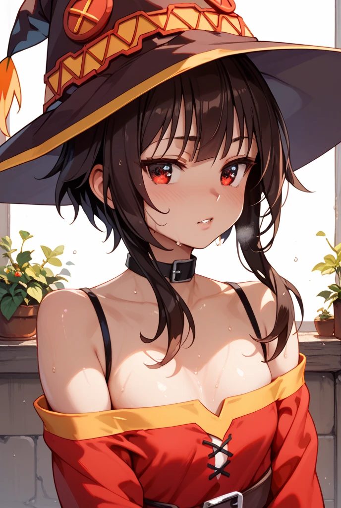 ((Best quality)), ((masterpiece)), (detailed), ((masterpiece)), ((high quality)), solo, megumin, adult, (((seductive look))), flat breasts, (((flashing breasts))), nipples, look at viewer, sexy, erotic