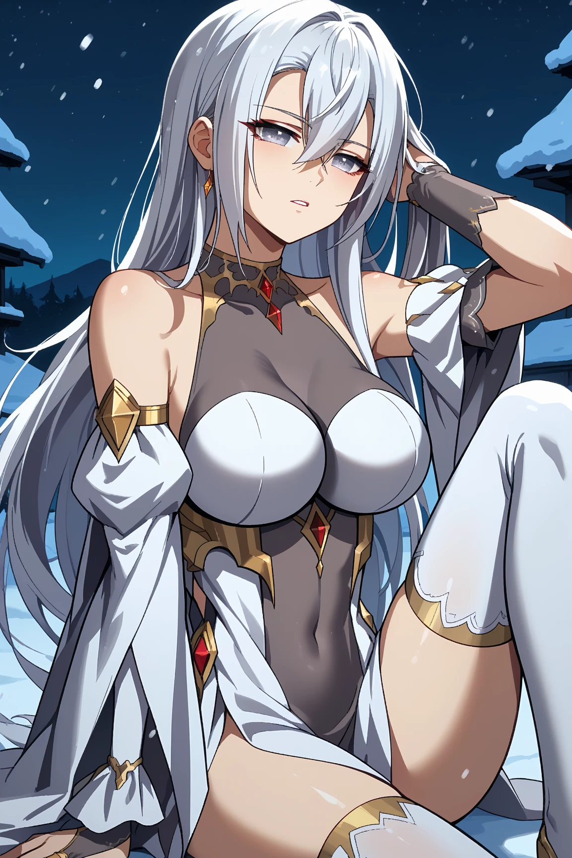 ultra detailed, masterpiece, girl, white hair braided , adult body , bestial, cold clothes, tribal style , wolf skin clothes, eskimo style, tribal warrior, native, angry. Standing front.