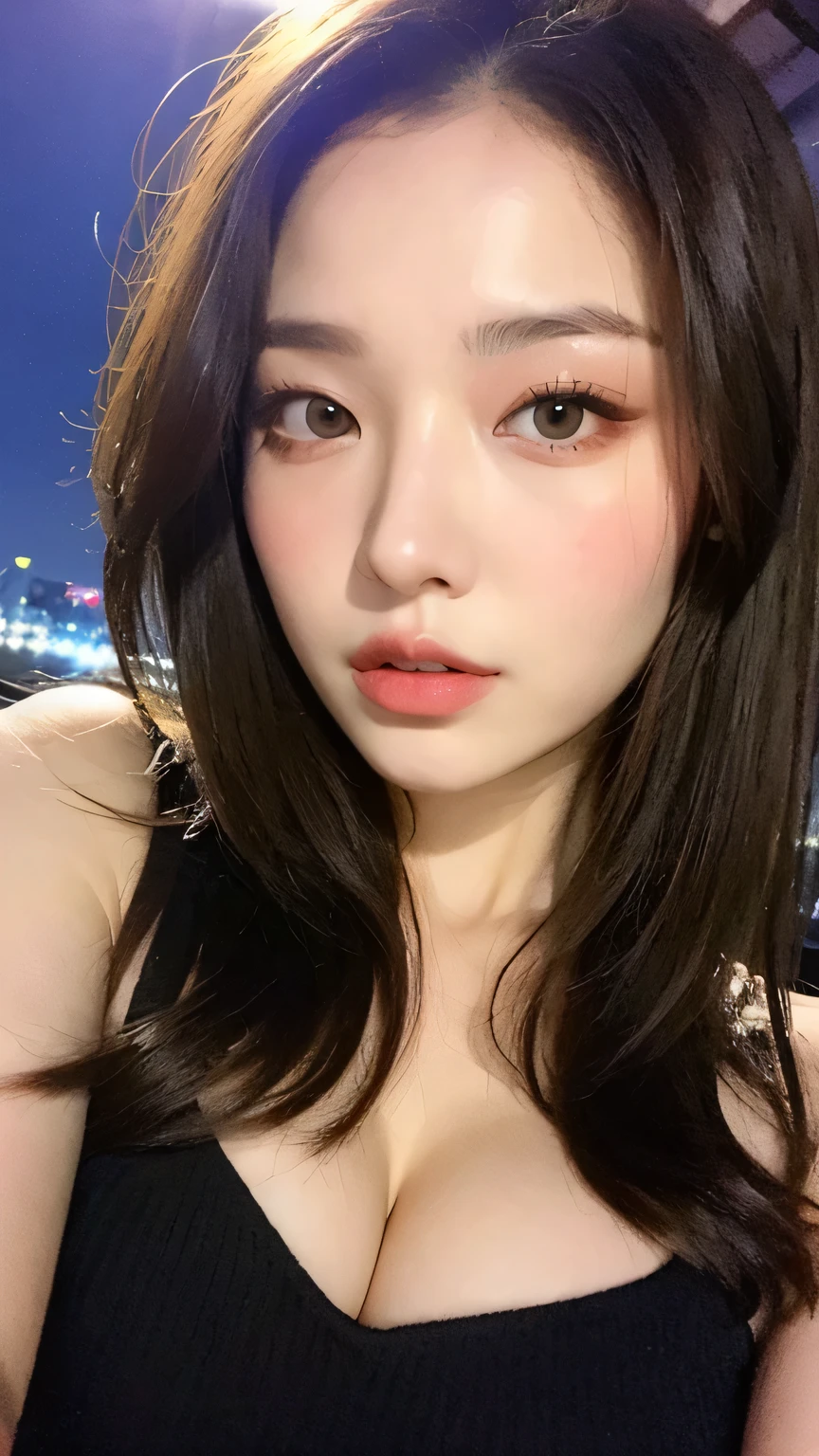 ((midnight, best quality, 8K, masterpiece :1.3)), whole body, Long legs, Clear focus :1.2, Beautiful woman with perfect body :1.4, Slim abdominal muscles :1.1, ((Dark brown hair, 巨Large Breasts :1.2)), (Red tube top tight T-shirt, Bib shorts Balenciaga socks, permanent:1.2), ((City night scene, roof:1.3)), Highly detailed face and skin textures, Delicate eyes, Double eyelids,Large Breasts,Watch exposed breasts,Touch your chest with your hands。