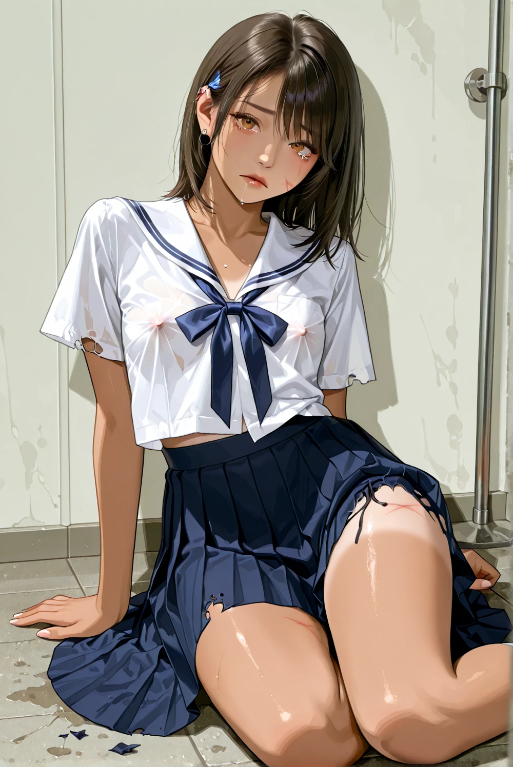 Nipples visible from white shirt, wet shirt, no panties, full body figure, black hair long straight, high school student, uniform, sexy, bra, Japan person, 17 years old,
