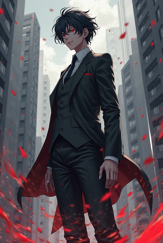 one  men, blackquality hair, deep red eyes, suit, Rico, chic  