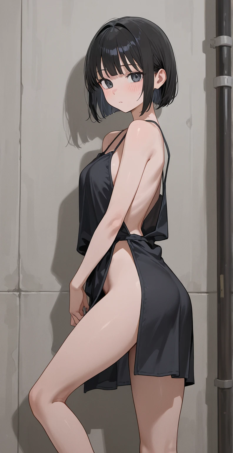best quality,masterpiece, 1-Girl, sitting,Big-chest,slim, beautiful feet,expose legs and feet, sexy pose, and cute, ((NSFW)). 8k, beautiful eyes, beautiful body, ((Good anatomy)), young girl, black hair with blue strands, blue eyes, small ponytail, full body, Highly detailed, bangs, short hair, big breasts, barefoot and bare legs, looking_at_viewer, sexually suggestive, sexy pose, detailed back side, nude, soles, thighs, ((back side)), luscious hips, model pose, standing, very sexy girl, sexy smile.