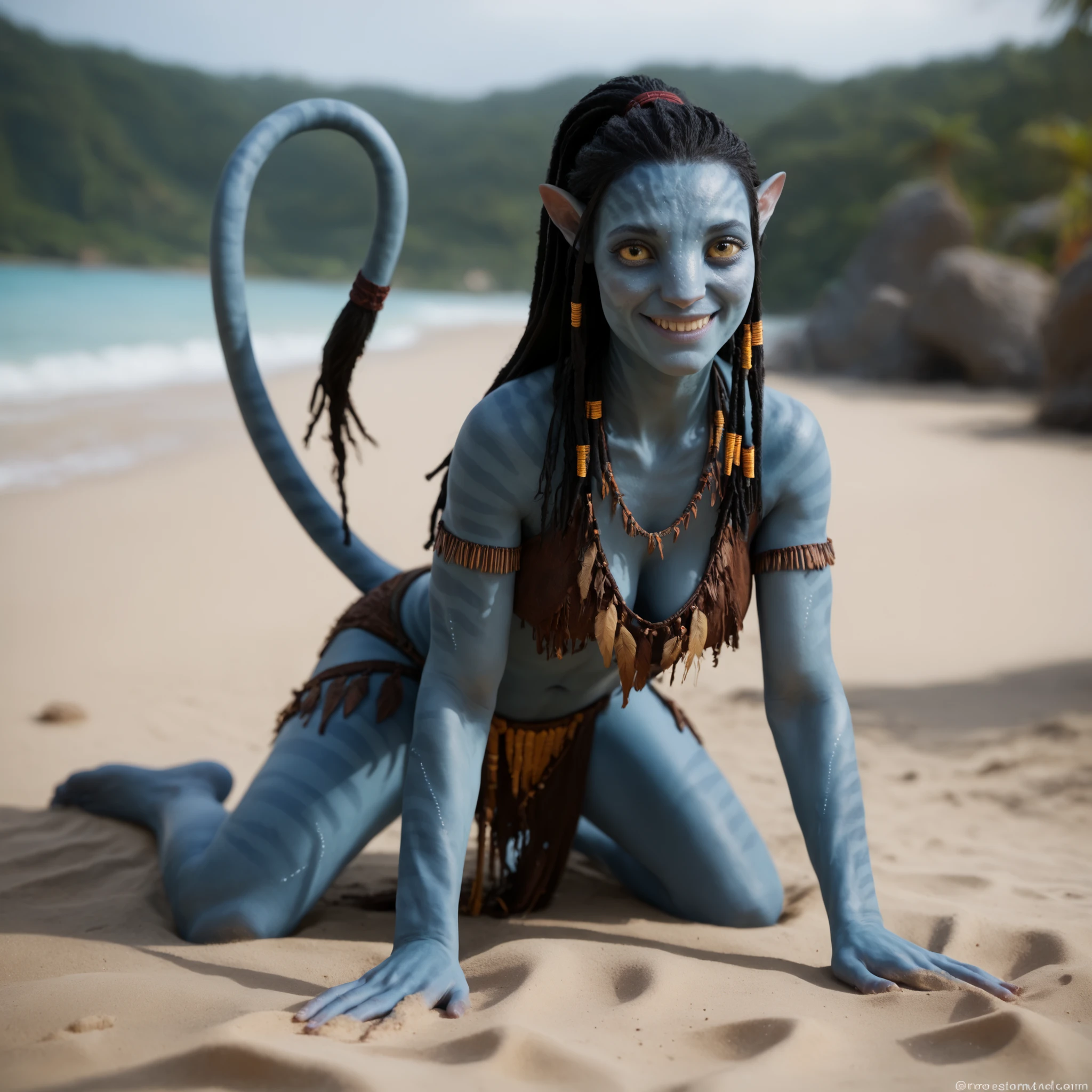 score_9_up, score_8_up, BREAK, 1girl, solo, Na'vi, black hair, long hair, high ponytail, dreadlocks, yellow eyes, pointy ears, colored skin, blue skin, depth of field, realistic, cinematic lighting, sweeping tail, sexy pose, seductive, flirting, looking at viewer, sexy tribal clothes, cleavage, thigh, sexy, crawling on beach sand, full body shot, smiling, beach, daytime