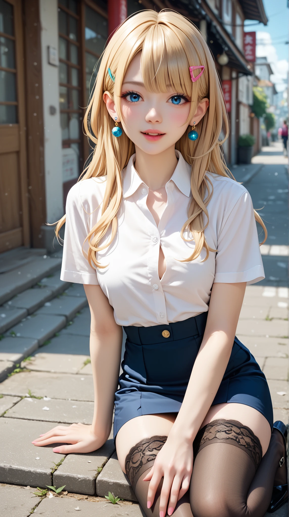 ((Beautiful blonde straight long hair))、((Beautiful blonde hair))、一人のgirl、((Highest quality、8k、masterpiece))、Sharp focus:1.2、(Small fox ears)、Cute 17 year old girl with perfect figure:1.4、 ((Unbutton your shirt)), (Cleavage)、View your viewers, girl1人, Japanese, high school girl, Perfect Face, (Perfect Anatomy, Anatomically correct), Cute and symmetrical face, Glowing Skin, , Asymmetrical bangs, blue eyes, Long eyelashes, (Center of chest), ((Unbutton your shirt)), ((Collared short-sleeved shirt, White shirt, , Grey plaid pleated skirt, To the Navy)), No pants, (Beautiful views), evening, (Outdoor, distant cityscape), Are standing, (peace sign), (Cute Smile, Lee Hong、Upward glance, Open your mouth), (変態おじいさんがgirlのマンコを開く:1.5), (girl and a boy:1.3),