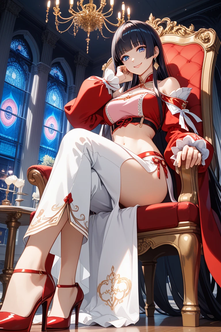 Highest quality, Official Art, masterpiece, Fabric Shading, High resolution, Very detailed, colorful, Best details, Fantasy, Combat Uniform:1.5, 1 female, Age 25, Black Hair, Long Hair, Up Bang Hair, One Length, Standing on the stairs, A castle town with an old castle view, sunny, Random Hair, Large Breasts, skinny, Surrounded by many people:1.9, Confetti falling, Blessed, welcome:1.5, Camel Toe:1.3, Ground level shot:,No stockings,No stockings,squat, Spread your legs