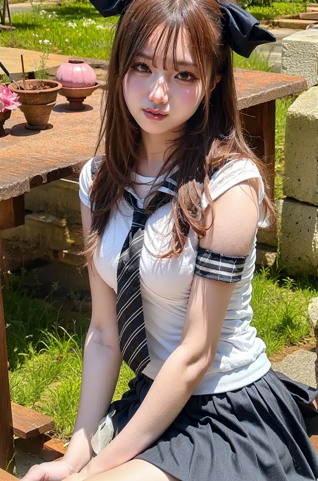 Masterpiece, best quality,, Sakura Bakushin Oh (Umamusume),, (clโอse-up:1.2), rain, cloud, cloudy, shadow,, Serious, raise your arms, armpit, closed mouse, how old,, shoulder strap, black glโอves, Sleeveless, yelloh neckerchief, shirt, Tie your hair, 1 woman, Quite fat., glasses,