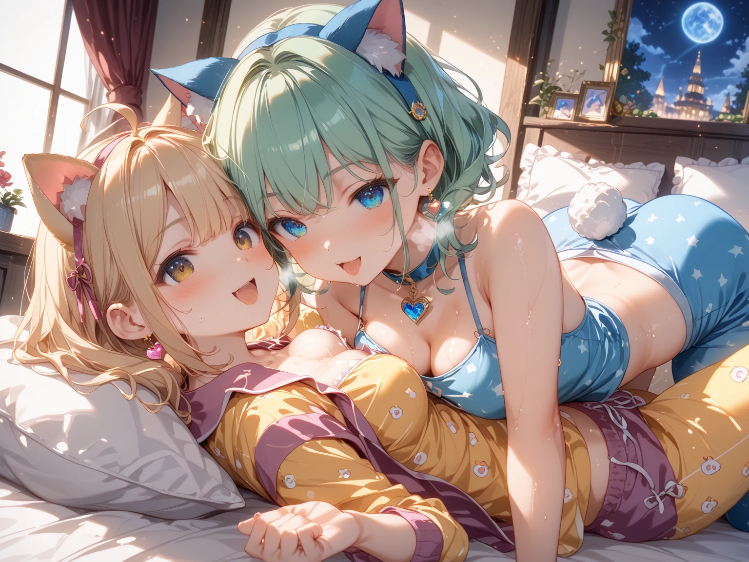 nsfw,Two Girls,Lying down,((Lift both legs)),panties,Have sex,Light blue hair,Light pink hairstyles,Cat ear,Pink Eyes,light blue lolita,White socks,,Pink ribbon,Laughing with your mouth open,Best image quality,Highest quality