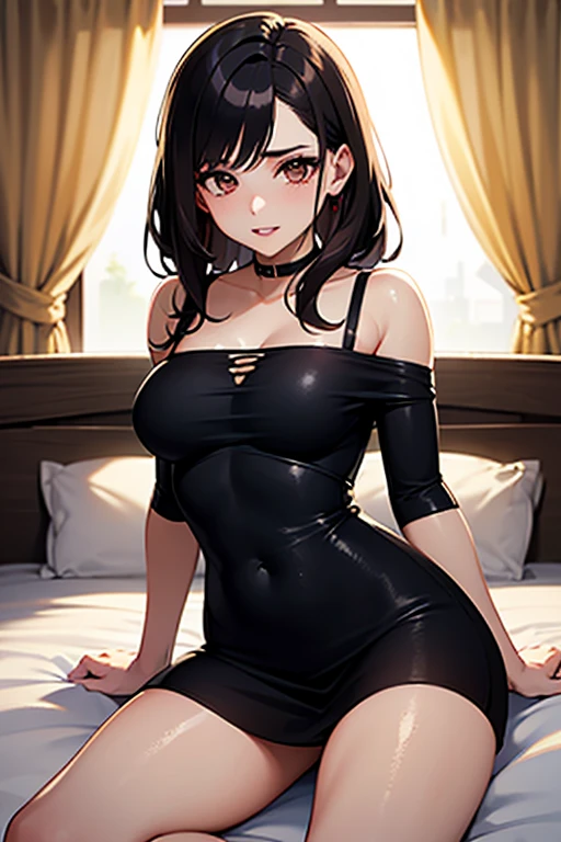 Adult, Female, long Black hair, goth girl, pink eyes gothic aesthetic, goth clothing, goth make up, thick thighs, medium chest, annoyed, disgruntled, bedroom, gothic bedroom, aesthetic bedroom, Masterpiece, Accurate, Anatomically Correct, Best Quality, High Details, Detail, Super Detailed, Best detail, Perfect detail, Amazing detail, [-3, 3], Close-Up, perfect body, best body, amazing body, Looking at viewer, front facing, upper body shot