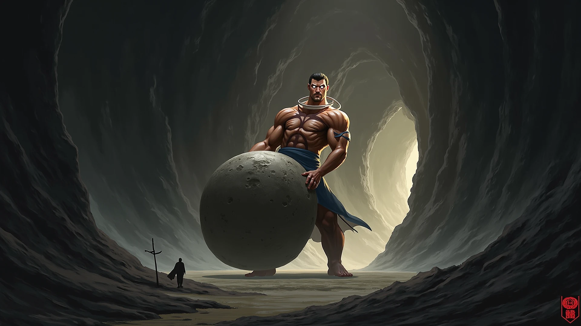 (1boy) (male) ((front view)) ((figure fills frame)) ((facing viewer)) Insanely Handsome, very detailed flawless face, detailed open eyes, very attractive and handsome, epic, heroic, (muscular) bodybuilder, ((big muscles)), ((large pectorals)), narrow waist, short messy hair. ((hairy chest)), ((hairy legs)). Wearing fur loin cloth, carrying a wooden spear. Emerging from a (partially dark cave) entrance. It is (night), the only source of light is a large campfire out of view. Highly detailed fantasy art, dramatic volumetric light, artstation, beautiful modern fantasy illustration.