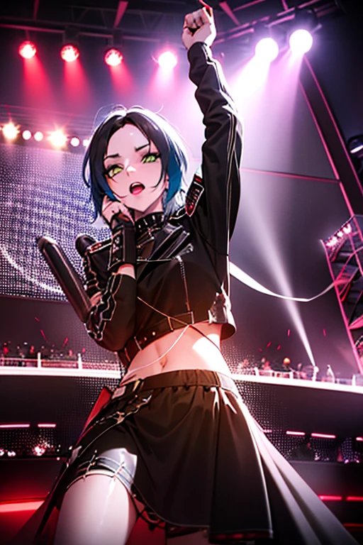 A female rock singer with a microphone, singing. Punkish hairstyle, short hair with long back. Long back. Blue neon colored streaks. Wrapped in neon colors. On stage. Live house. Spotlight. Beautiful woman. Incredibly cute. Cute but cool. Arched eyebrows. Thin, arched eyebrows. Well-defined eyes. Well-defined nose. Wearing a black leather separate jacket. Realistic airbrush art. Digital art 8K high resolution.