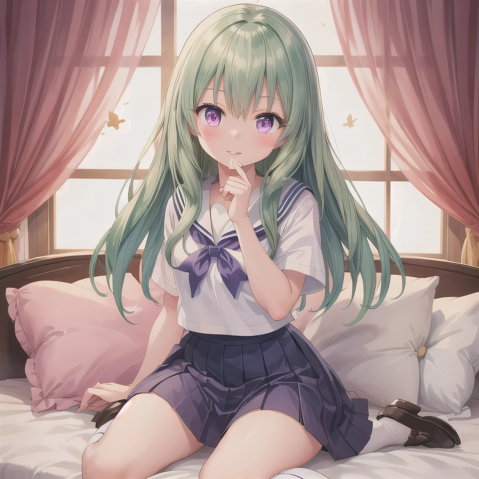 A cute girl wearing a Japanese schoolgirl sailor uniform. She is sitting on a bed in a cozy, plush-filled girl's bedroom. Her hands are lightly clasped in front of her mouth, as if holding something invisible. Her expression is dreamy and happy, with slightly parted lips, giving the impression she's about to take a bite of something delicious, though no food is shown. Green hair, long hair, purple eyes.